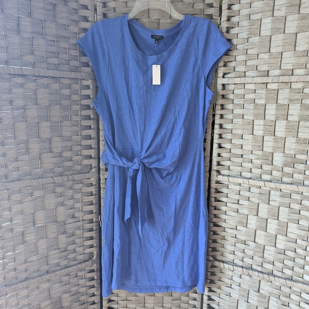 Talbots T-Shirt Dress‎ Purple Blue Side Tie Knot Cotton Slub LP Casual Coastal